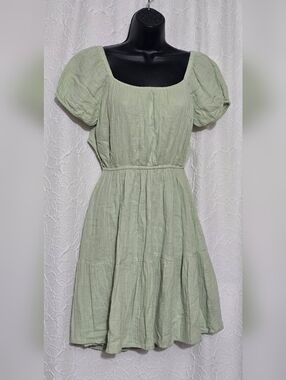 Jessica Simpson Light Green Puff Sleeve Mini Dress Open Back Cotton M